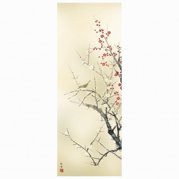 ◇新品田村竹世『紅白梅に鶯（尺五立）』高精彩工芸画掛軸掛け軸花鳥