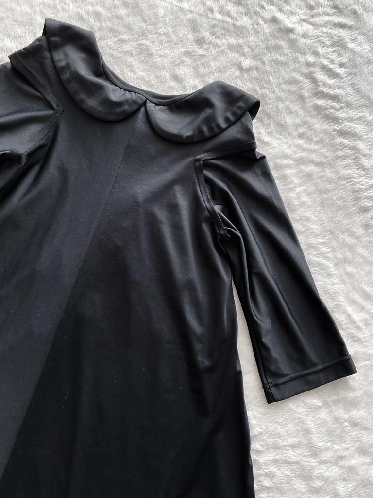 COMME des GARCONS 袖付きブラックワンピース sizeS フレア フリル ストレッチ コムデギャルソン 黒 美品 襟付き 長袖 ロング