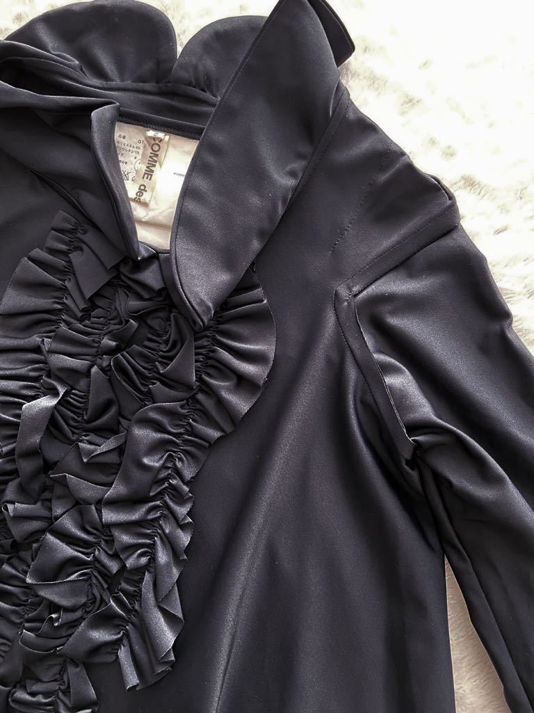 COMME des GARCONS 袖付きブラックワンピース sizeS フレア フリル ストレッチ コムデギャルソン 黒 美品 襟付き 長袖 ロング - 2