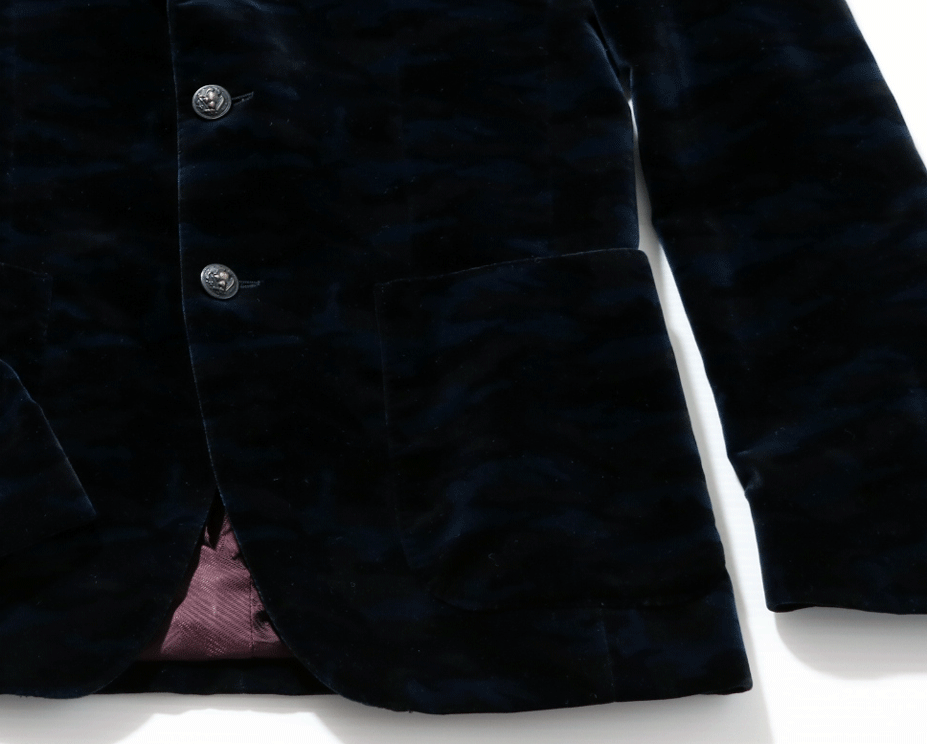 新品 最大値下げ★MESSAGERIE メッサジェリエ テーラードジャケット ベロア素材 迷彩柄 カモフラージュ柄 ネイビーサイズ46 参考91,300円_画像3