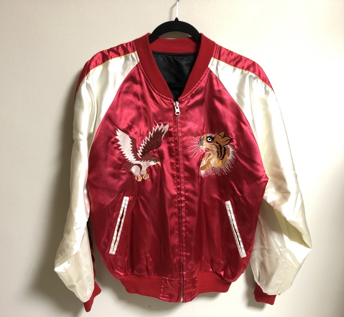 スカジャン メンズ ビンテージ リバーシブル 古着 鷹 虎 龍 souvenir jacket STYLED IN italy france.U.S.A. Lサイズ