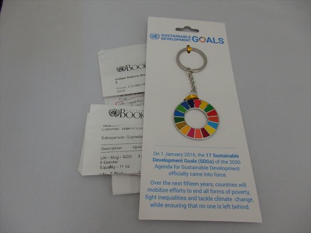 SDGsピンバッチ　ロゴ入りキーホルダー(3300円税込）国際連合 (国連ブックショップ購入・送料無料・新品未使用)「持続可能な開発目標」UN39_SDGsピンバッチ　ロゴ入りキーホルダー