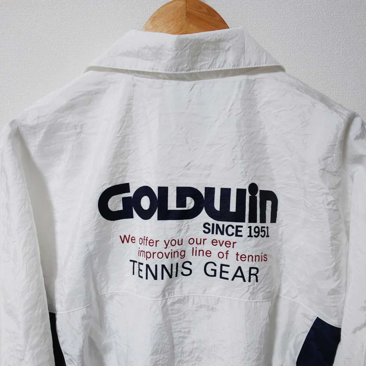 【90's】GOLDWIN ゴールドウィン テニスギア ブルゾン ジップジャケット ジャンパー Lサイズ ホワイト×ネイビー 裏メッシュ 刺繍ロゴ_画像2