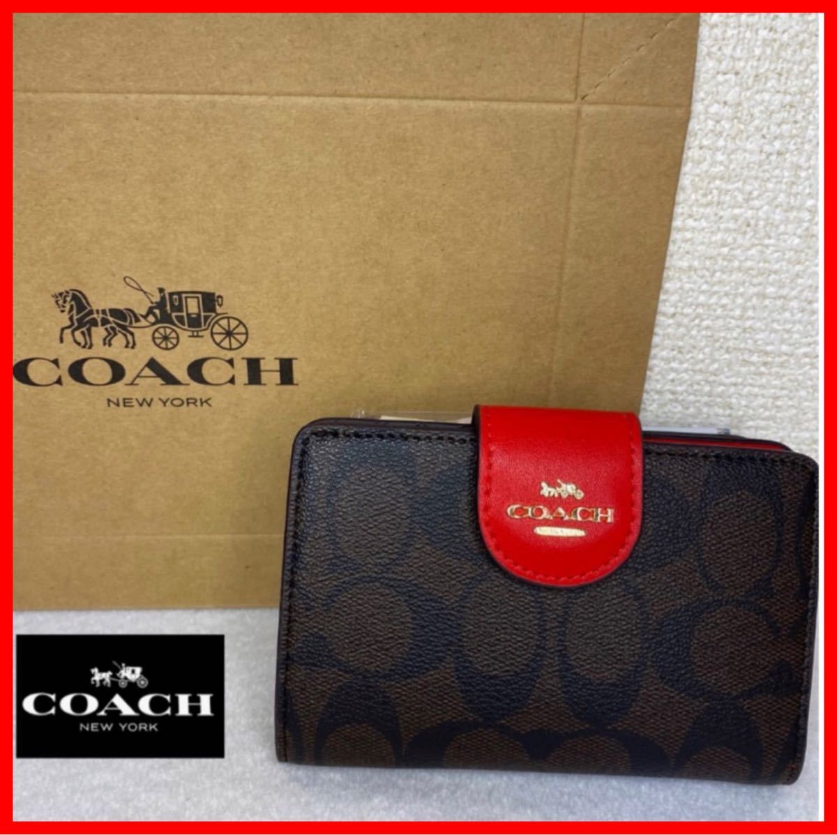 人気TOP COACH 新品 店頭完売品 三つ折り財布 赤色 レッド カーキ - 三