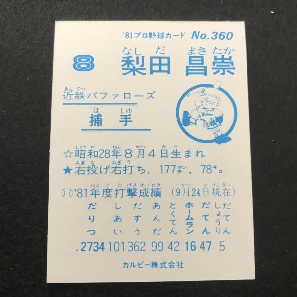 1981年　カルビー　プロ野球カード　81年　360番　近鉄　梨田　　　【管理NO:3-37】_画像2