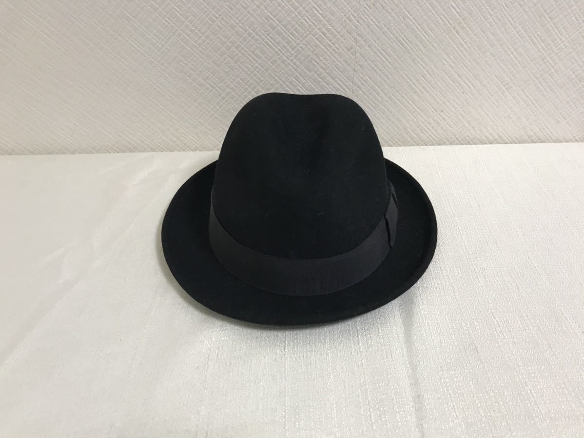 美品本物カシラCA4LAウール中折れハット帽子黒ブラックメンズスーツビジネスアメリカ製USA60cm