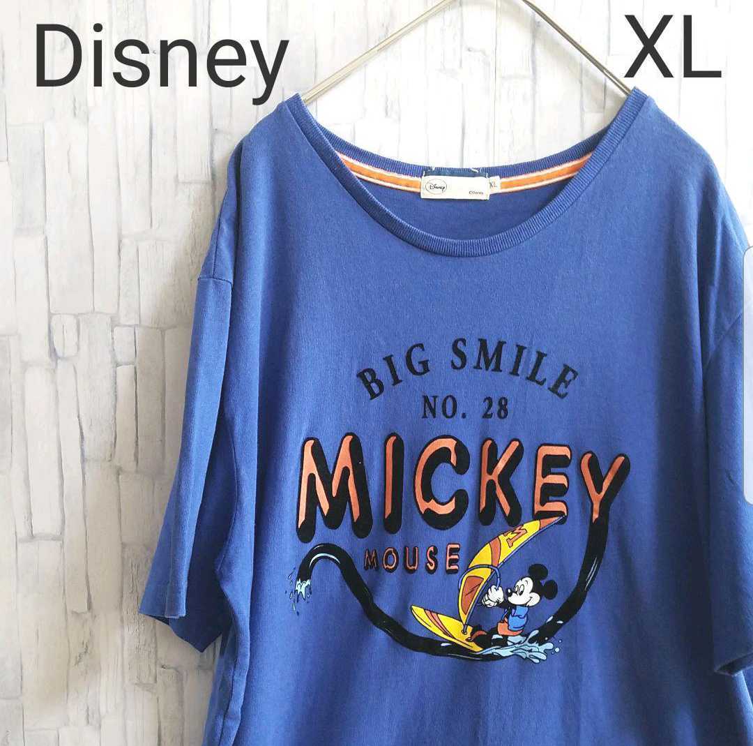 Disney ディズニー ミッキー Tシャツ 半袖 プリントTシャツ サイズXL ブルーネイビー ビッグロゴ デカロゴ 送料無料