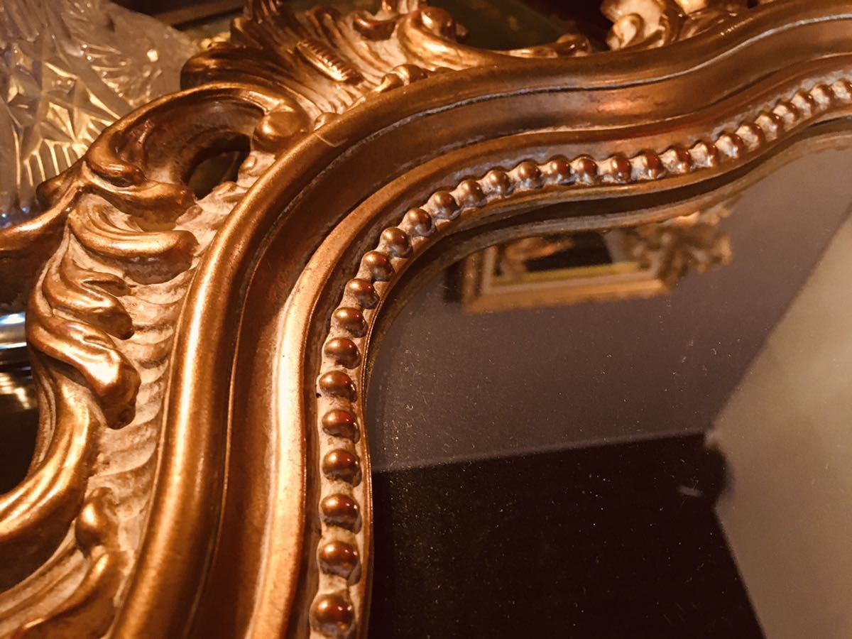 湯布院アンティーク 豪華イタリア製 ロココ ウォールミラー ゴールド額縁 70×47_画像5