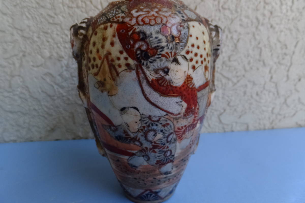 ☆薩摩焼 古薩摩唐子絵金彩花瓶 /花器 色絵 飾壺/時代品/美品 | www