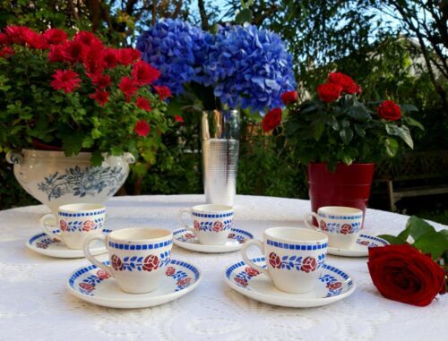 5つ アンティーク フランス コーヒーカップ 赤いバラ花輪アールデコ1933