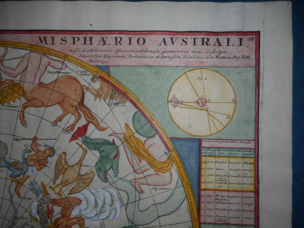 アンティーク、天文、天体、星座早見盤、手彩色銅版画、星図、1742年『ドッペルマイヤー星図 アンティーク、天文、天体、星座早見盤、手彩色銅版画、星図、1742年『ドッペルマイヤー星図
