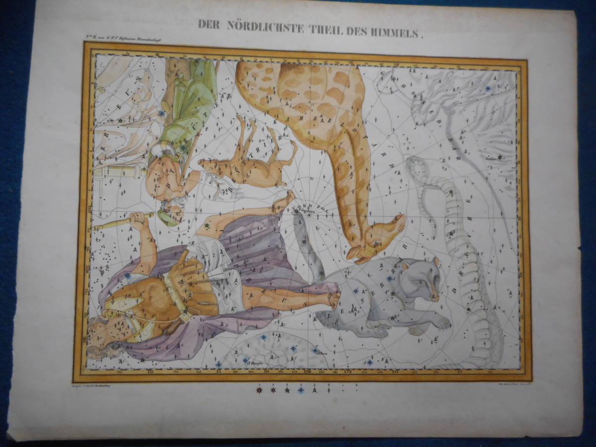 アンティーク、天文、天体、星座早見盤、手彩色石版画、1835年『ホッフマン星図キリン座こぐま座』Star map, Planisphere, Celestial atlas_画像1