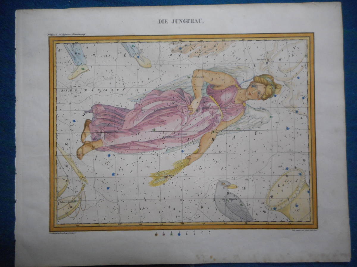 即決アンティーク、天文、天体、星座早見盤、手彩色石版画、1835年『ホッフマン星図おとめ座他』Star map, Planisphere, Celestial atlas