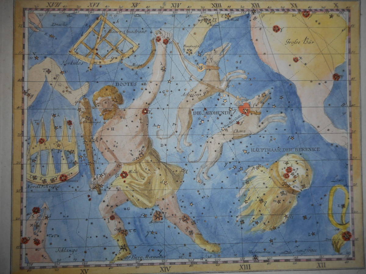 即決1805年『ボーデの星図牛飼座猟犬座』アンティーク天文、天体、星座早見盤、手彩色銅版画、星図Star map, Planisphere, Celestial atlas - 天文、宇宙 即決1805年『ボーデの星図牛飼座猟犬座』アンティーク天文、天体、星座早見盤、手彩色銅版画、星図Star map, Planisphere, Celestial atlas - 天文、宇宙