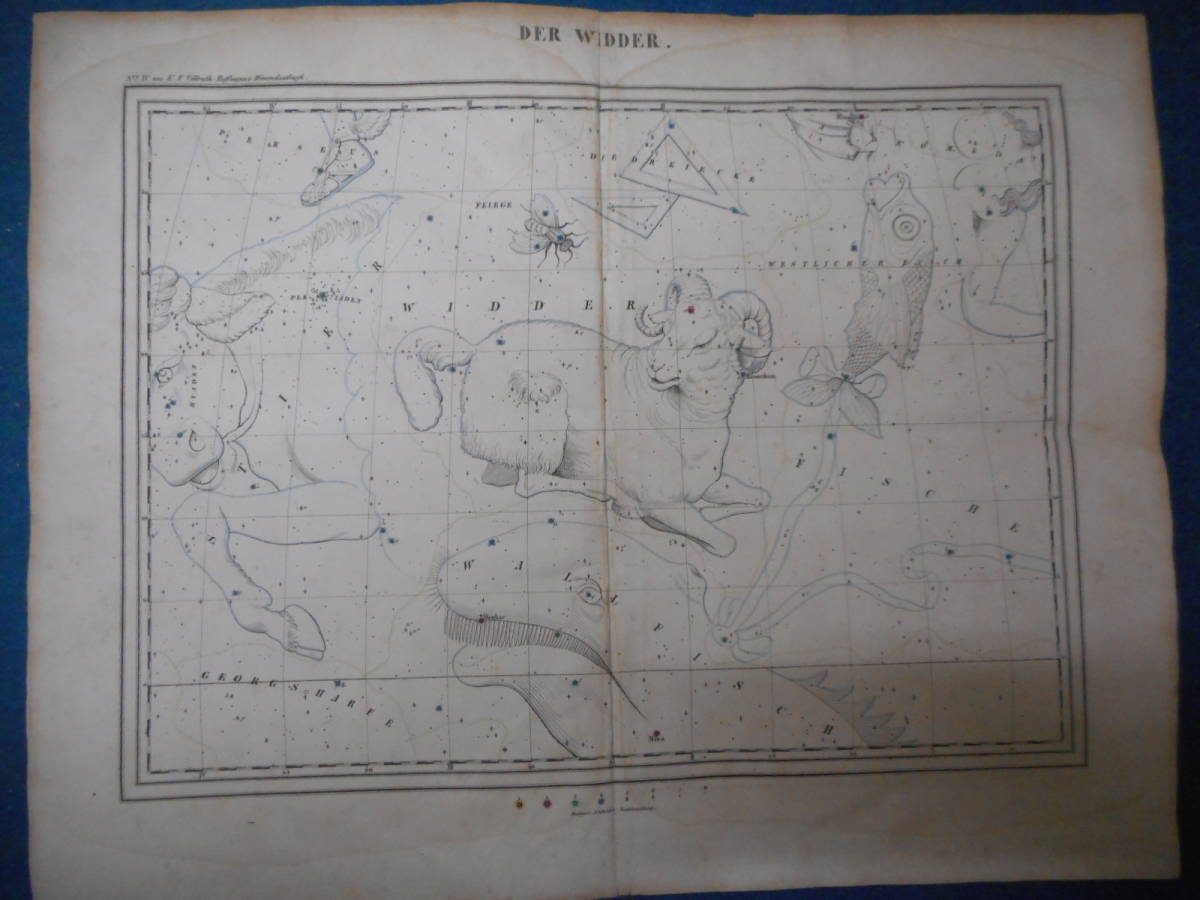 アンティーク、天文、星座早見盤、手彩色石版画、1835年『ホッフマン星図おひつじ座さんかく座他』Star map, Planisphere,  Celestial atlas