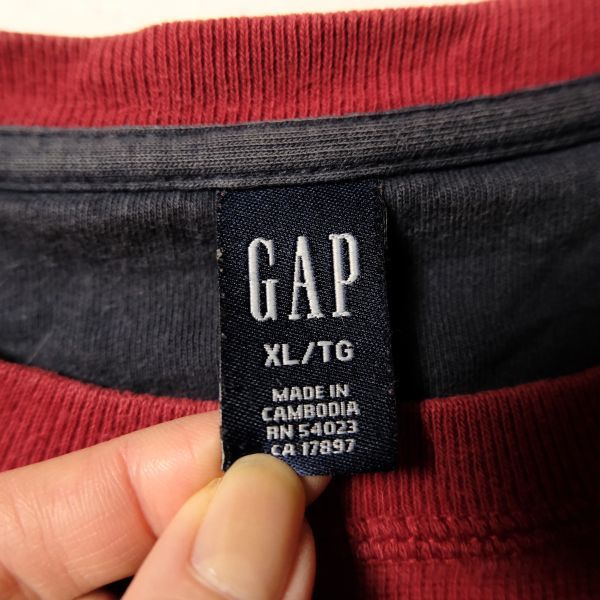 00's ギャップ GAP クルーネック コットン Tシャツ 長袖 (XL) リブ無し エンジ系 グリッド地 ロンT 無地 00年代 旧タグ オールド 2003年_画像8