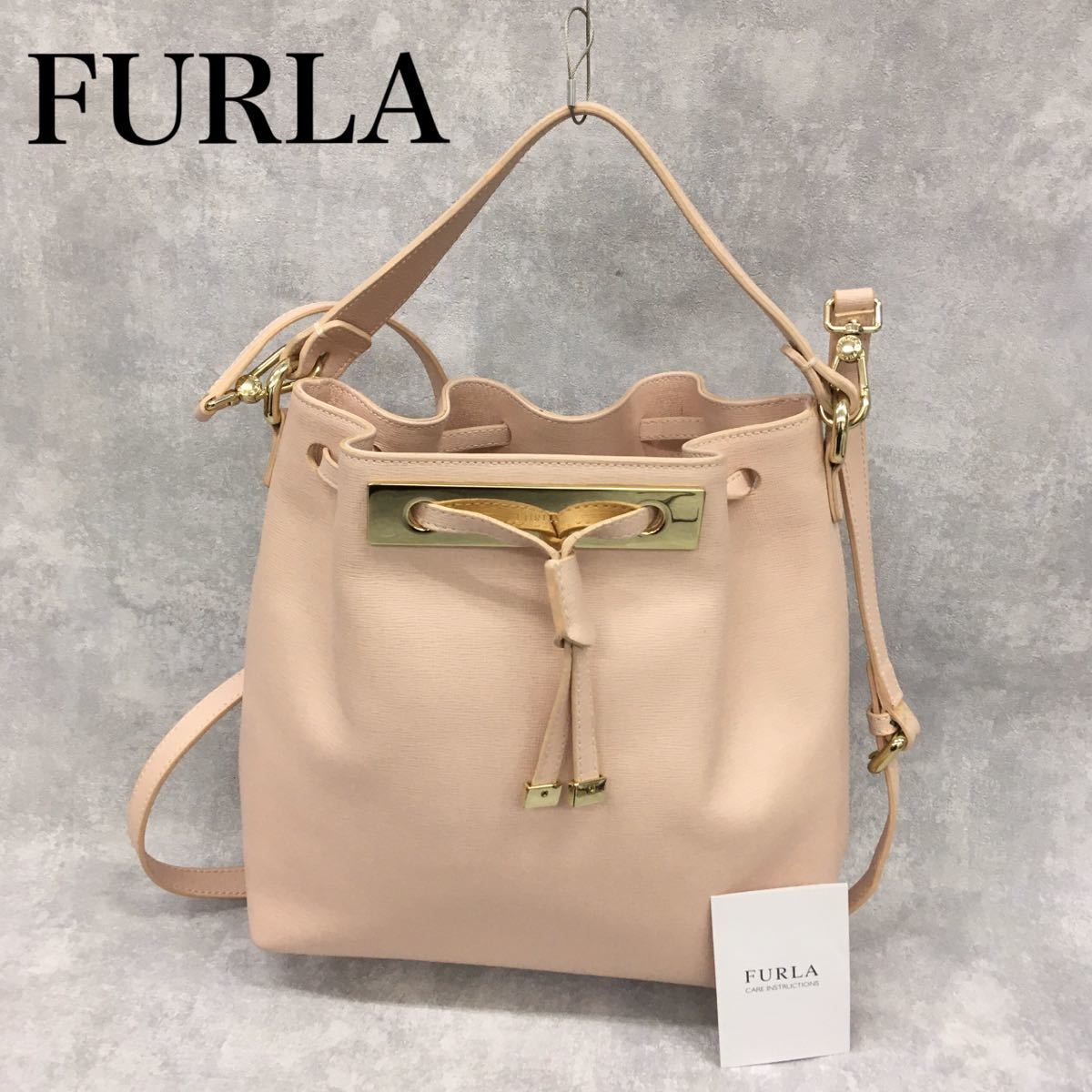 FURLA フルラ 2wayショルダー 巾着バッグ レザー 革 レディース ロゴ ゴールドカラー ピンク ギャランティカード付き