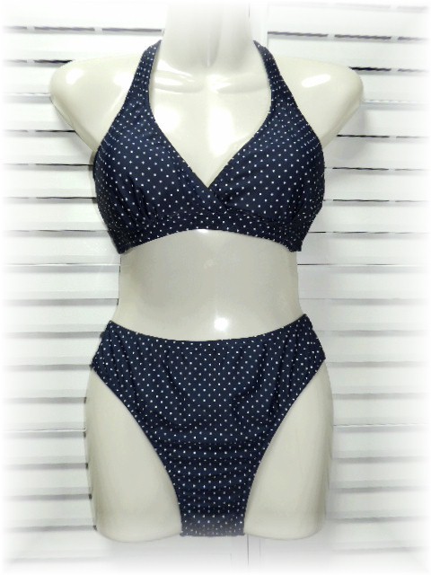  Kaiser separate swimsuit bikini 9 number /M navy × white polka dot 