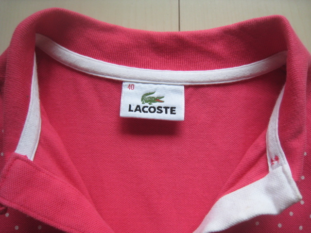 即決送料無料/美品 LACOSTE ラコステ 日本製/ピンクに白ドット/フレンチスリーブ ポロシャツ ワンピース ポロワンピース/膝丈/ゴルフウェア