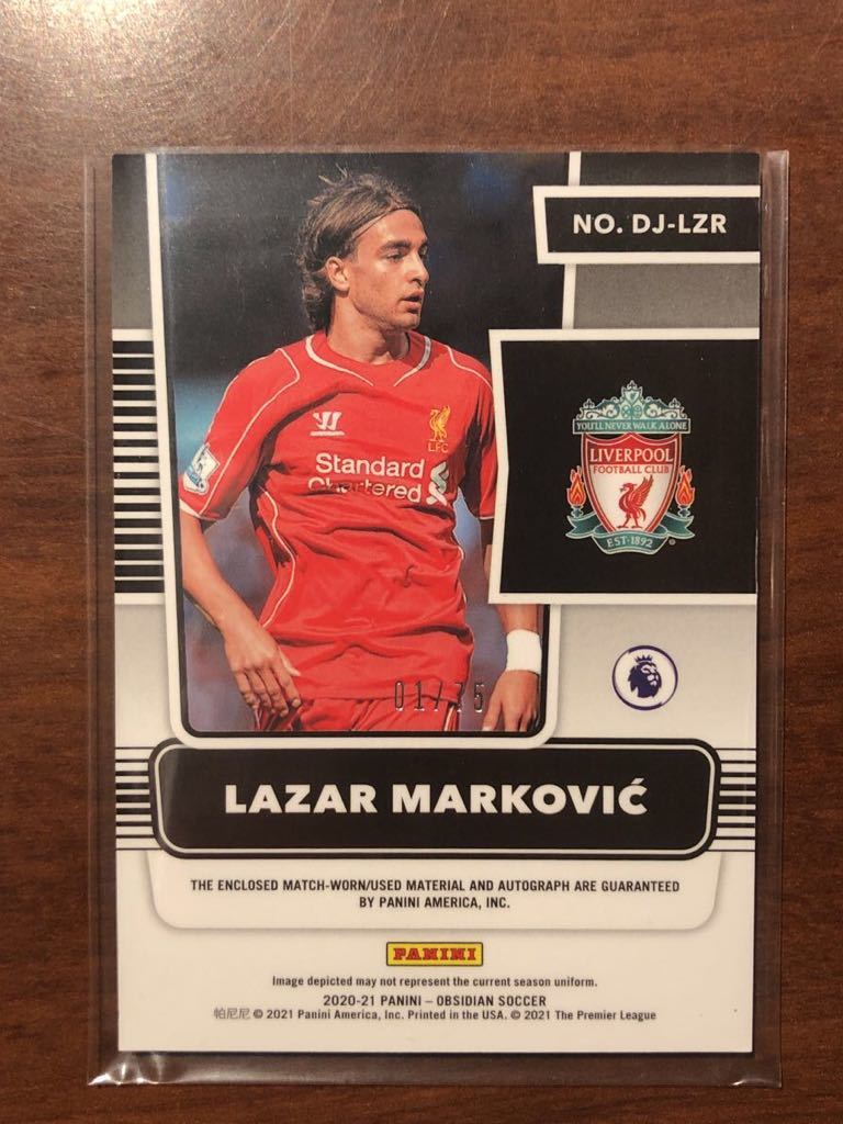 2020-21 Panini Obsidian Soccer Lazar Markovic autoカード ジャージ 75枚限定 purple ファーストナンバー_画像2