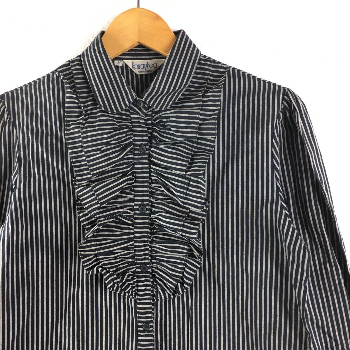 ビンテージ 80s【丸襟フリル】ストライプ シャツ 日本製 ドレスシャツ