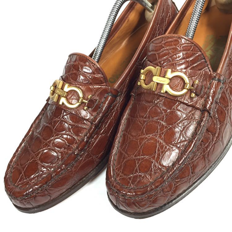 フェラガモ】本物 Ferragamo 靴 26.5cm 茶色系 総クロコダイル