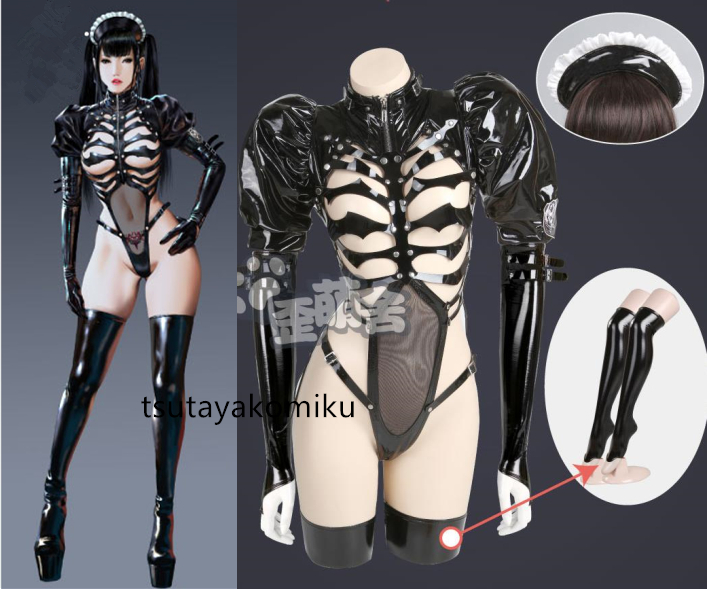  high quality new work darkness . morning Skull meido Leotard lacquer leather costume play clothes + socks + cap manner shoes . wig optional 