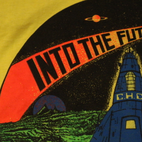 90s USA製 Into The Future 宇宙 ロケット Tシャツ L イエロー スペースシャトル イラスト 惑星 SF NASA イベント スーベニア ヴィンテージ_画像5