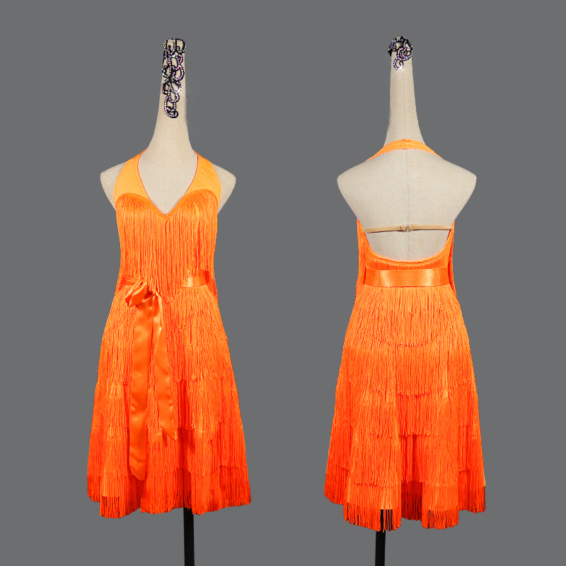 NEW　レディース社交ダンス衣装　ラテンドレス　セット品　オレンジ色　サイズオーダー可　S～XXL
