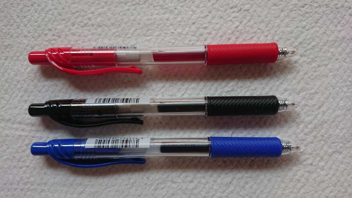 ★新品 TANOSEE ノック式ゲルインクボールペン　ニードルタイプ 0,5mm 3本セット 黒青赤_画像1