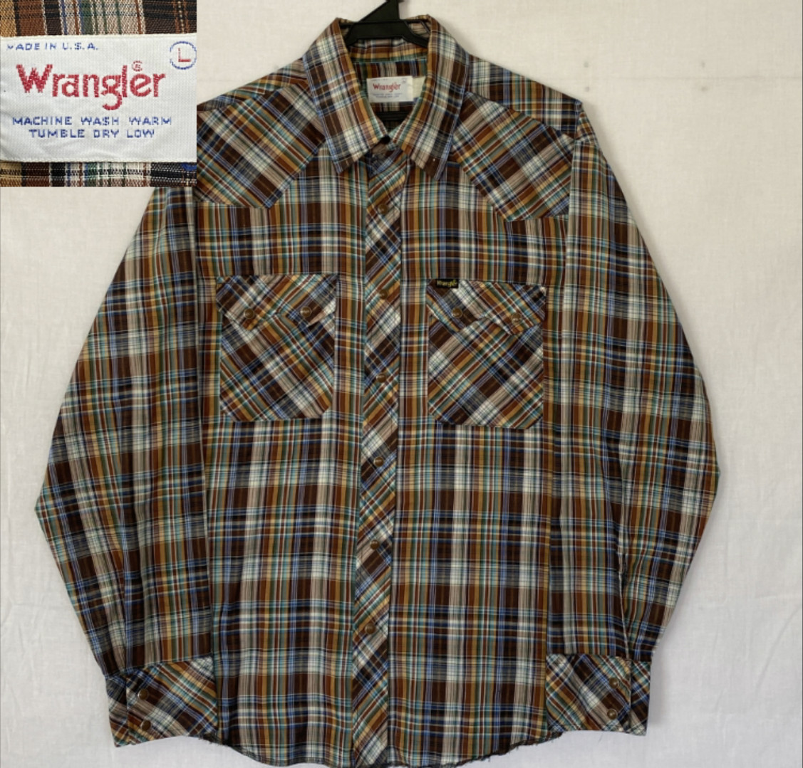 70年代【Wrangler】ラングラー MADE IN USA アメリカ 製 ウエスタン 長袖シャツ 薄手 チェック柄 白タグ 70s ヴィンテージ