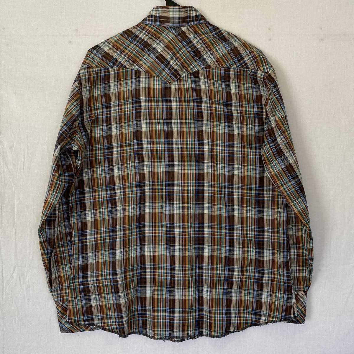 70年代【Wrangler】ラングラー MADE IN USA アメリカ 製 ウエスタン 長袖シャツ 薄手 チェック柄 白タグ 70s ヴィンテージ