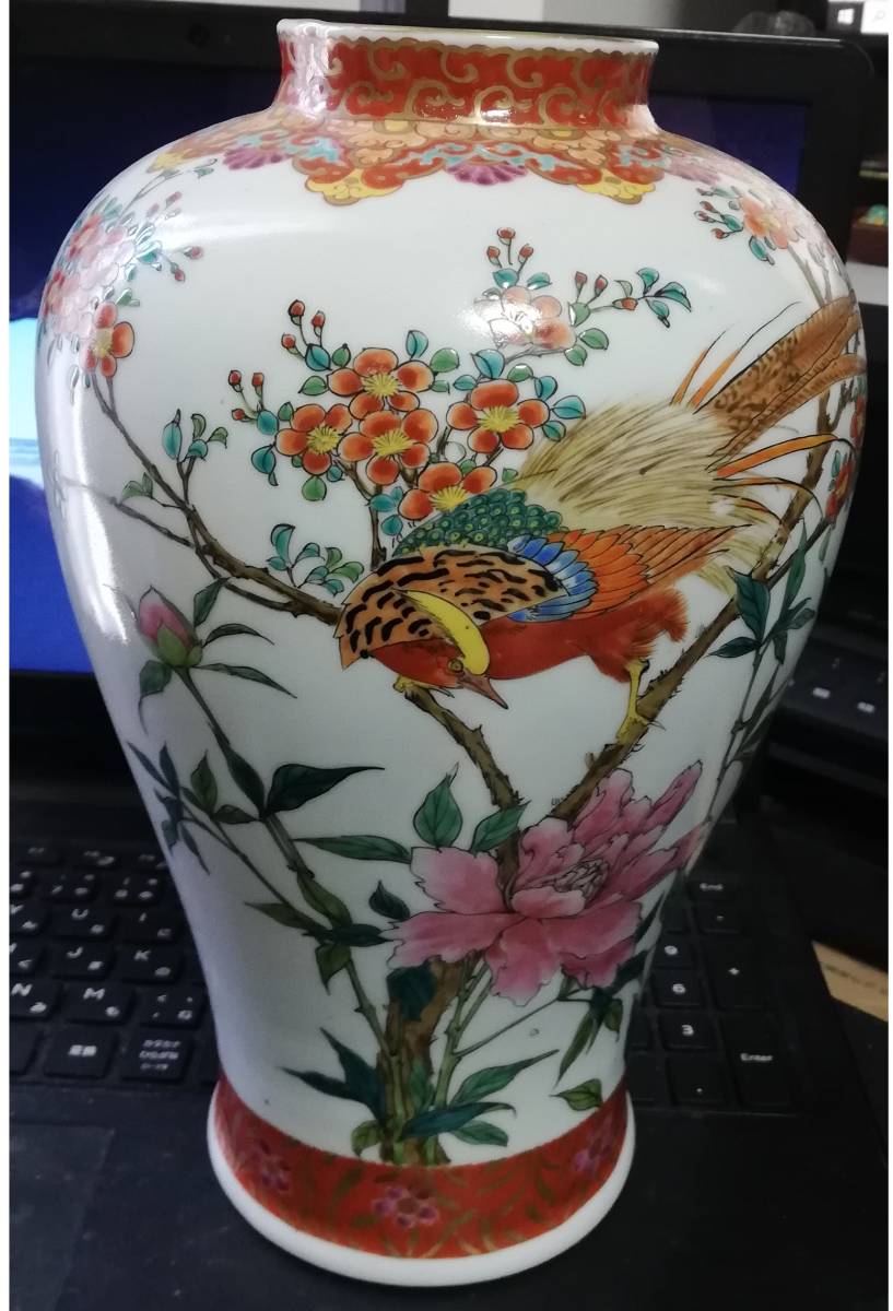 古九谷焼 花瓶 鳥絵 錦鶏 時代品 陶磁 時代 骨董 古美術品
