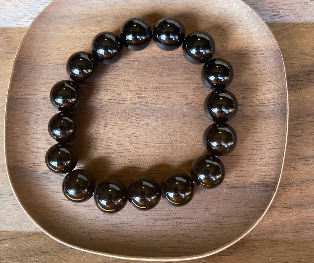 -SUI8- No.12 チベット産オニキス　12ミリ玉　ブレスレット　17センチ　Black onyx bracelet 17cm 高品質 数珠ブレスレット