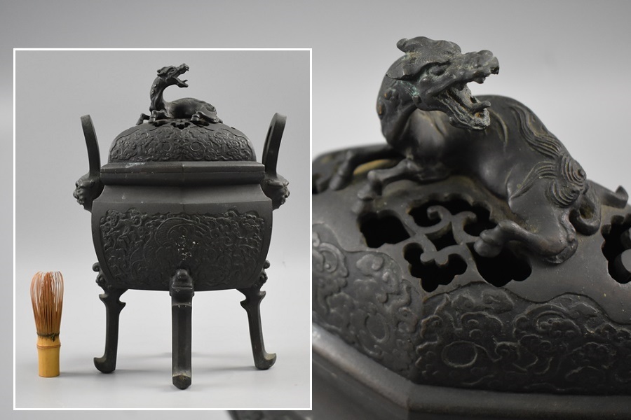 中国古玩古銅麒麟蓋耳付四足香炉高33cm 置物銅製細密細工古美術品[d204