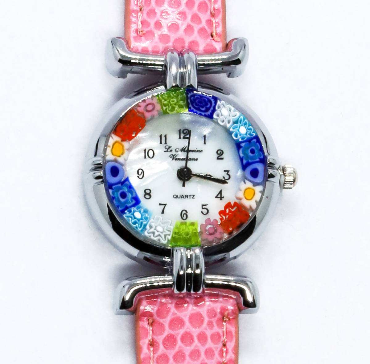【送料無料】イタリア製　ベネチアンガラス　職人ハンドメイド　腕時計　ムラーノクリスタル　ミルフィオリ　ウォッチ (シルバー ピンク)_画像1