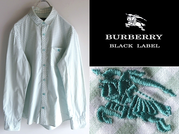 希少 BURBERRY BLACK LABEL バーバリーブラックレーベル ホースロゴ刺繍 ギンガムチェックシャツ 2 ライトグリーン 三陽商会  ネコポス対応