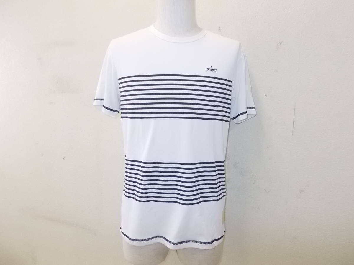 a1259*prince short sleeves game T-shirt * Prince M size white group border pattern poly- material tennis wear cat pohs flight shipping possibility 3D