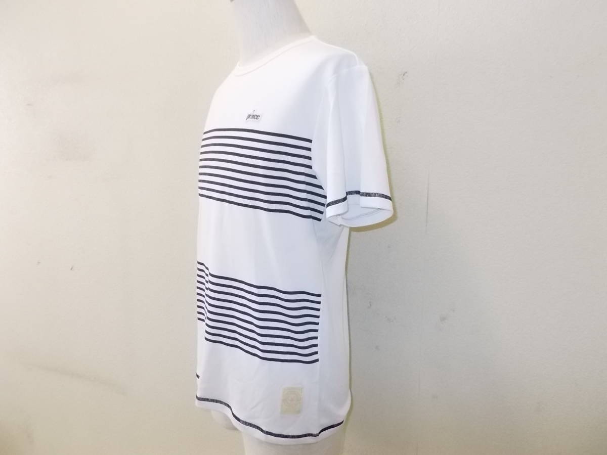 a1259*prince short sleeves game T-shirt * Prince M size white group border pattern poly- material tennis wear cat pohs flight shipping possibility 3D