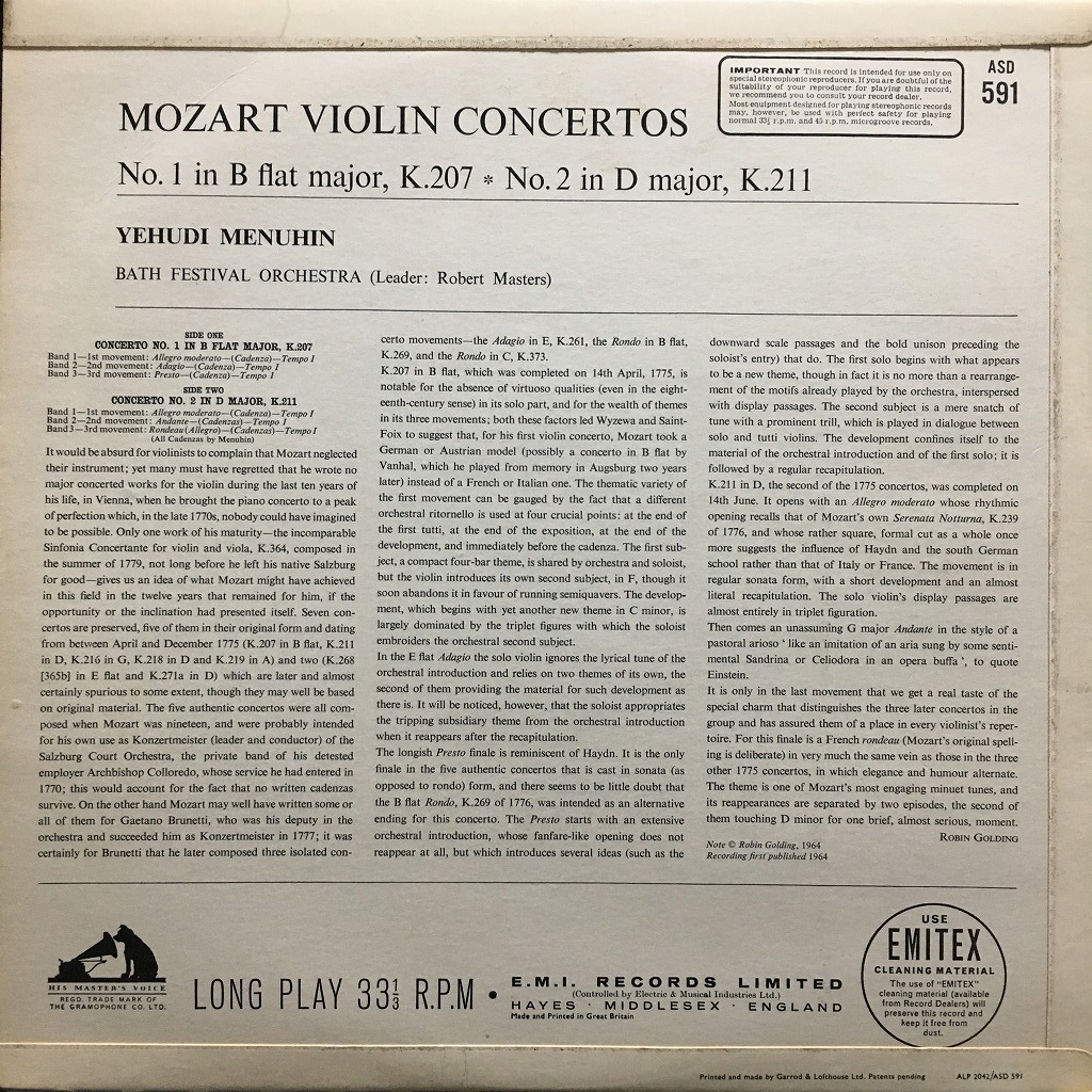 HMV ASD-591 メニューイン(Vn) モーツァルト：ヴァイオリン協奏曲第1＆2番 セミサークル STEREO初出_画像2