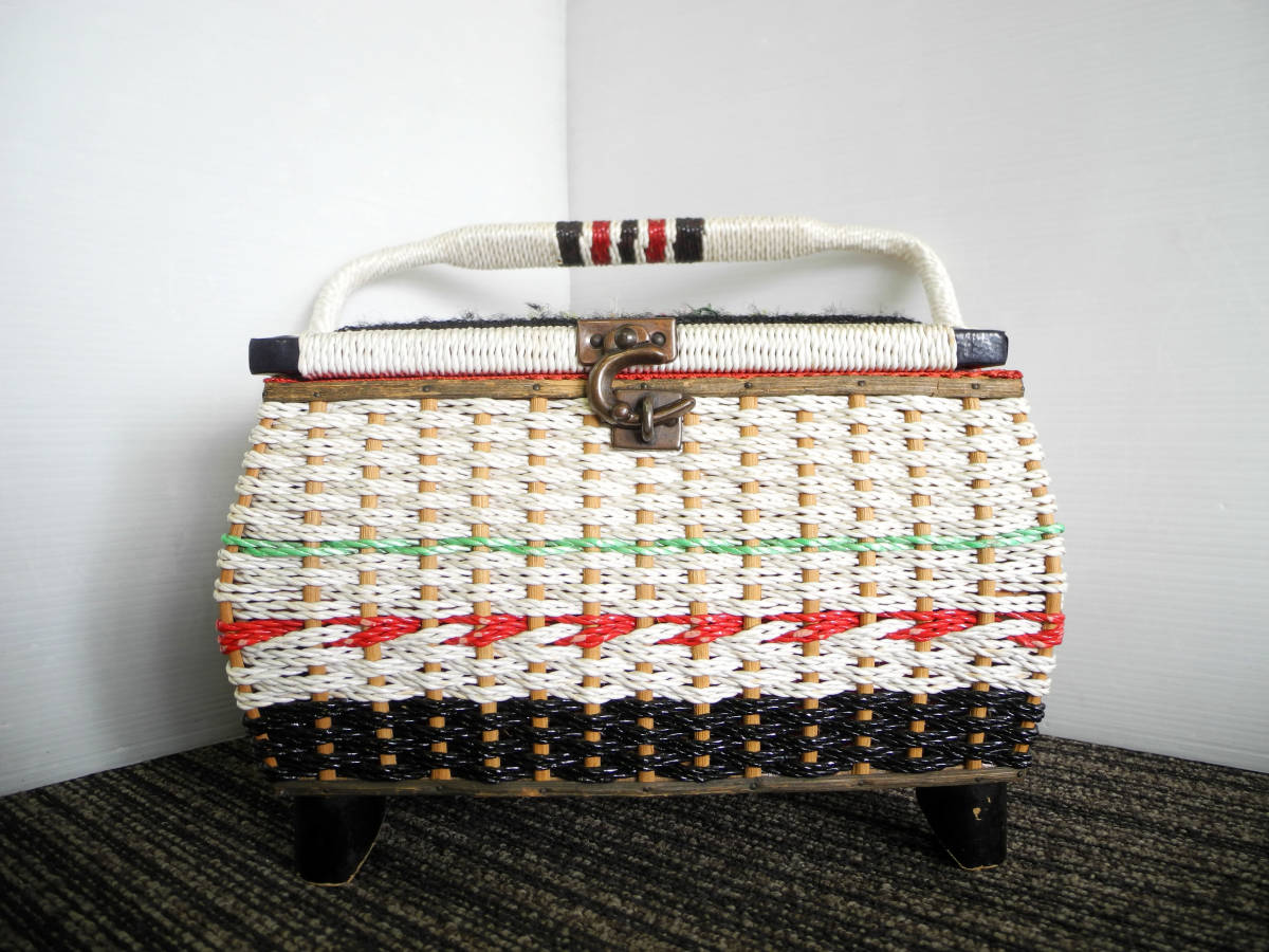 昭和レトロ 裁縫箱 持ち手付き 脚付き 針箱 ソーイングボックス 裁縫 