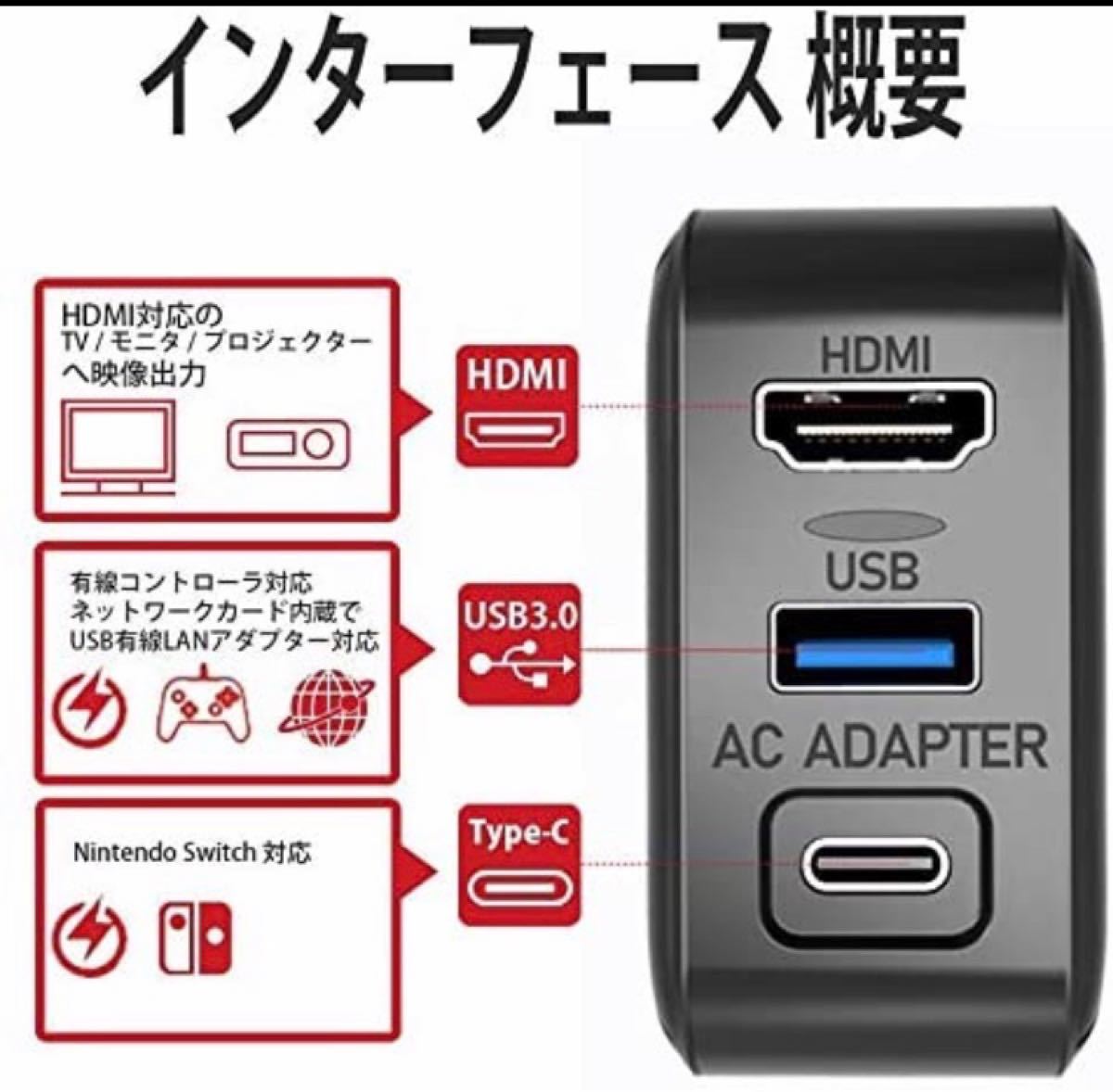 スイッチ用ACアダプター 多機能 HDMI 変換アダプター Type-c充電器