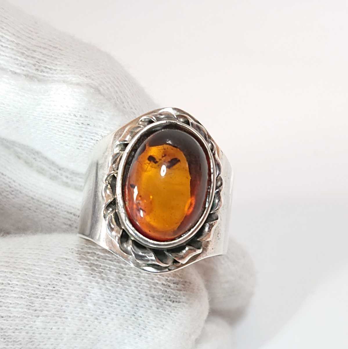 4586 SILVER925 янтарь кольцо 17 номер серебряный 925 натуральный камень янтарь ko Haku широкий широкий овальный эллипс простой античный красивый камень конфеты цвет 