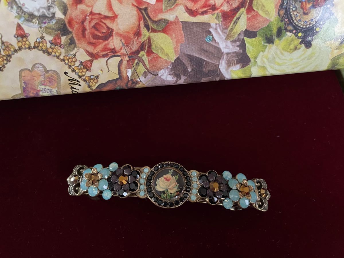 ミハエルネグリン Michal Negrin バラピクチャーお花バレッタ ミルキーブルー×黒 保管美品