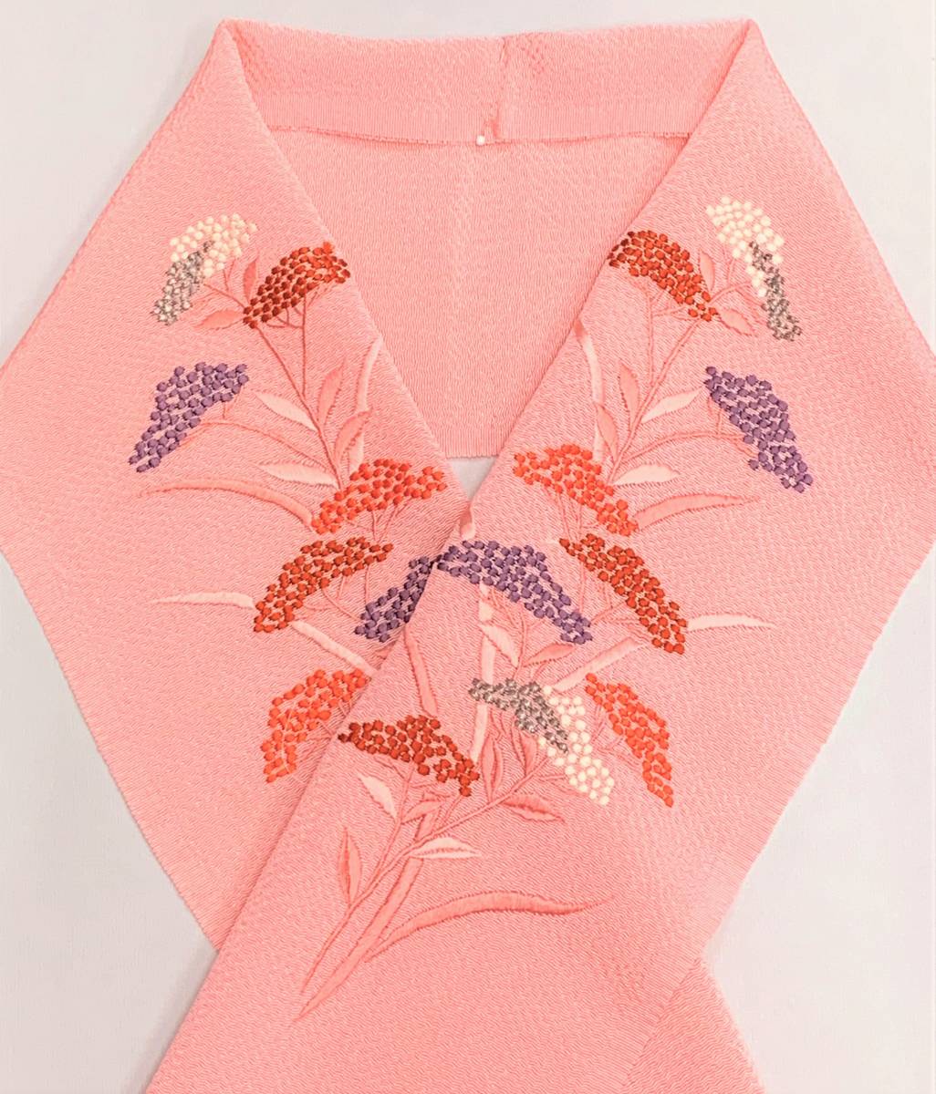 花とら●リサイクル半襟　半衿　刺繍衿　女郎花　ピンク　新品未使用品　昭和時代　１８ 半衿