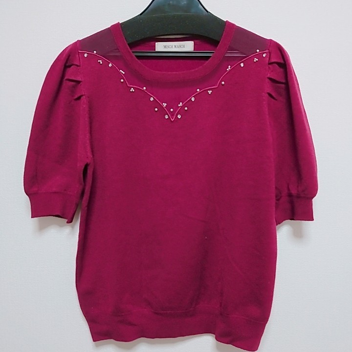 MISCH MASCH ミッシュマッシュ ビジュー付きニット 半袖 ワインレッド トップス ニット レディースMサイズ