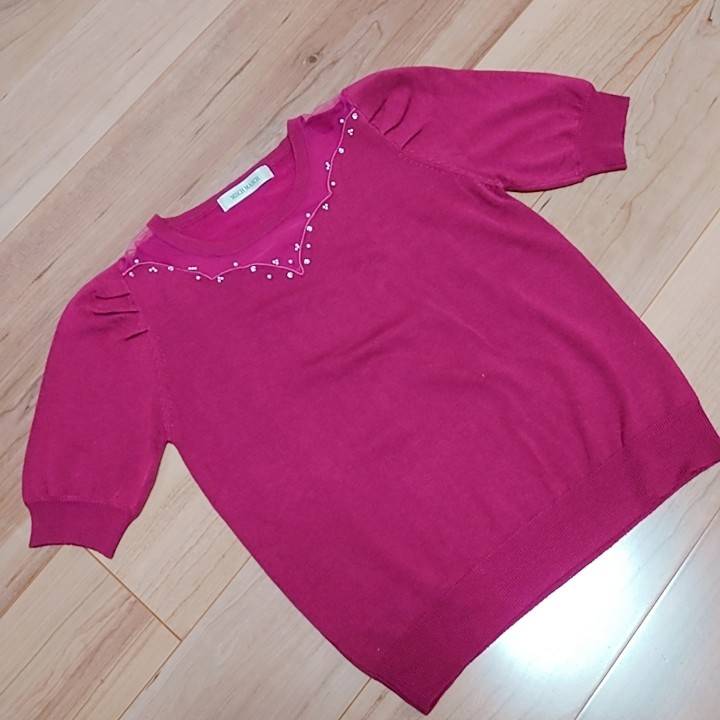 MISCH MASCH ミッシュマッシュ ビジュー付きニット 半袖 ワインレッド トップス ニット レディースMサイズ