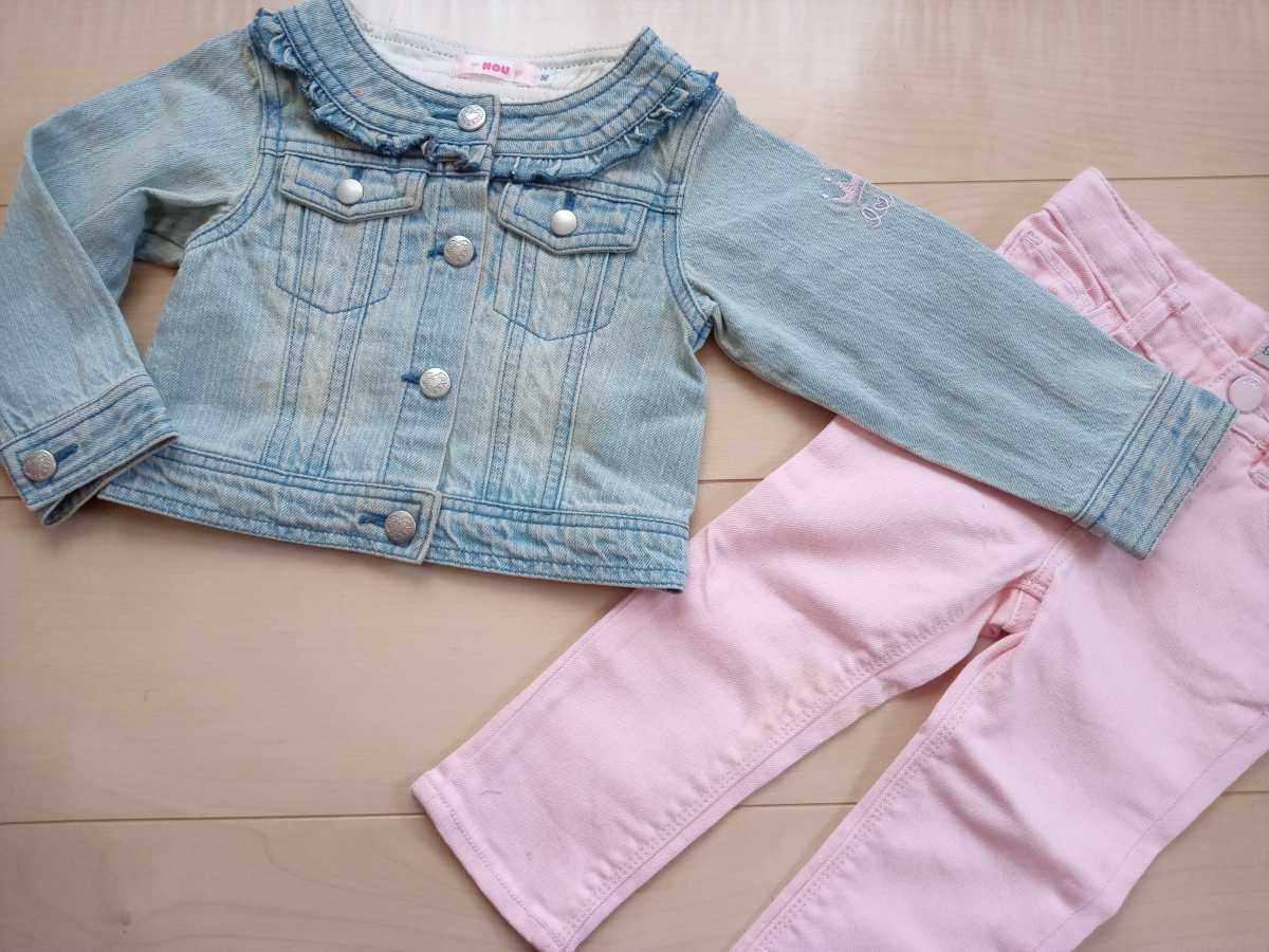 すBEBE80★ＵＳＥＤ女児子供服80まとめて！☆NOU（ＢＥＢＥ）Gジャン&GAP　ピンクGパン　上下まとめてセット　べべ　ギャップ_画像1