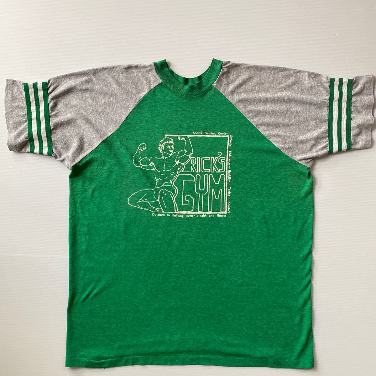 velvasheen アメリカ製 ボディビル Tシャツ vintage 80年代 M(表記XL) L.A古着屋購入 ラグラン袖ライン スクール トレーニング Rick´sGYM