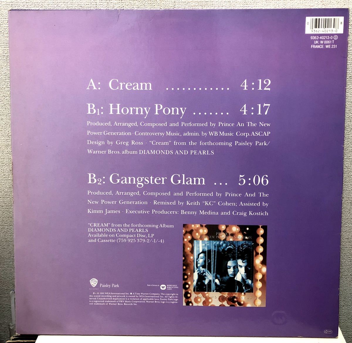 レア 倉庫出 1991 Prince And The New Power Generation / Cream b/w Horny Pony Gangster Glam プリンス Original Euro 12 絶版_画像4